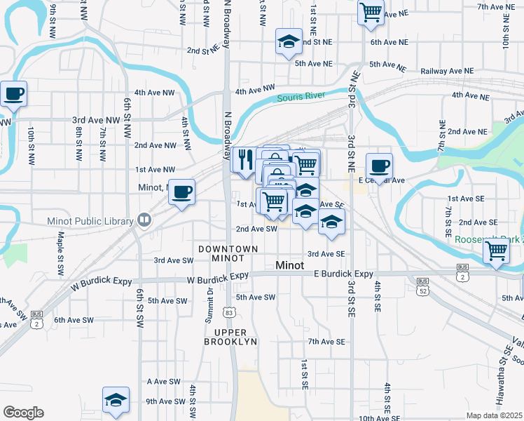 map of restaurants, bars, coffee shops, grocery stores, and more near 10 1st Avenue Southwest in Minot