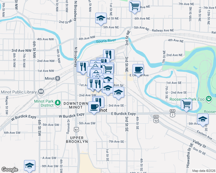 map of restaurants, bars, coffee shops, grocery stores, and more near 17 1st Avenue Southeast in Minot