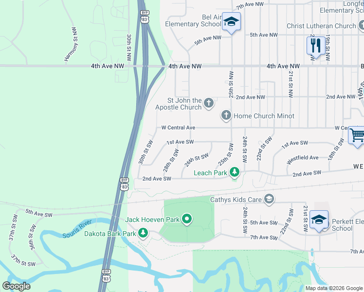 map of restaurants, bars, coffee shops, grocery stores, and more near 2701 1st Avenue Southwest in Minot