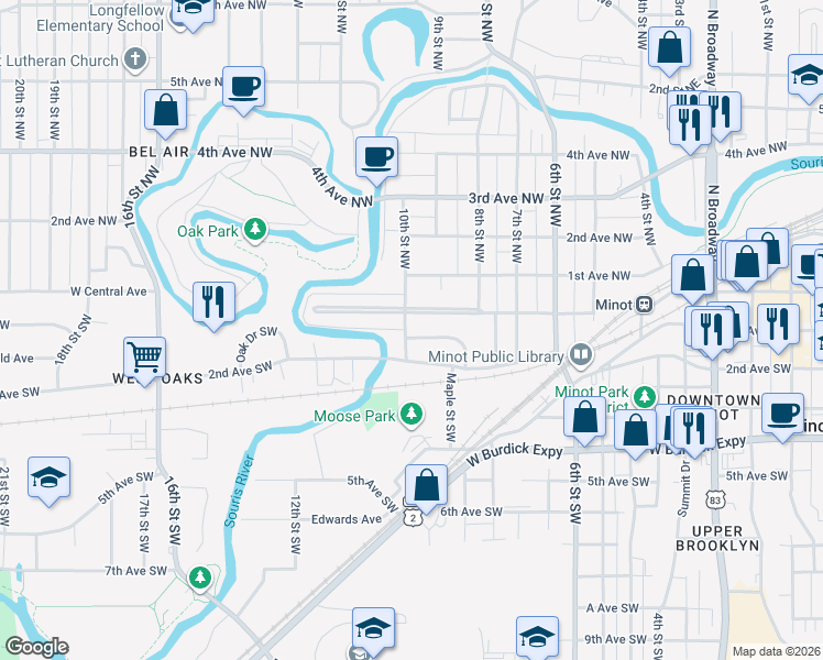 map of restaurants, bars, coffee shops, grocery stores, and more near 1001 Central Avenue West in Minot