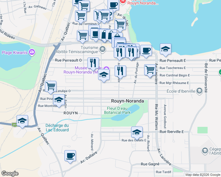map of restaurants, bars, coffee shops, grocery stores, and more near 40 Rue Monseigneur Latulipe Ouest in Rouyn-Noranda