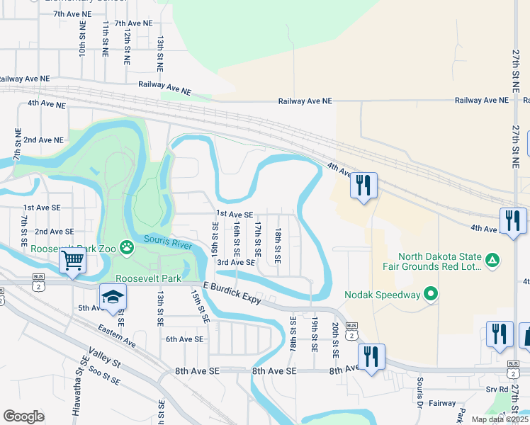 map of restaurants, bars, coffee shops, grocery stores, and more near 1705 1st Avenue Southeast in Minot