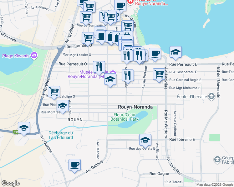 map of restaurants, bars, coffee shops, grocery stores, and more near 40 Rue Monseigneur Latulipe Ouest in Rouyn-Noranda