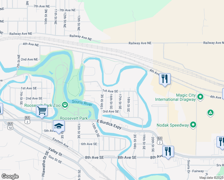 map of restaurants, bars, coffee shops, grocery stores, and more near 1601 1st Avenue Southeast in Minot