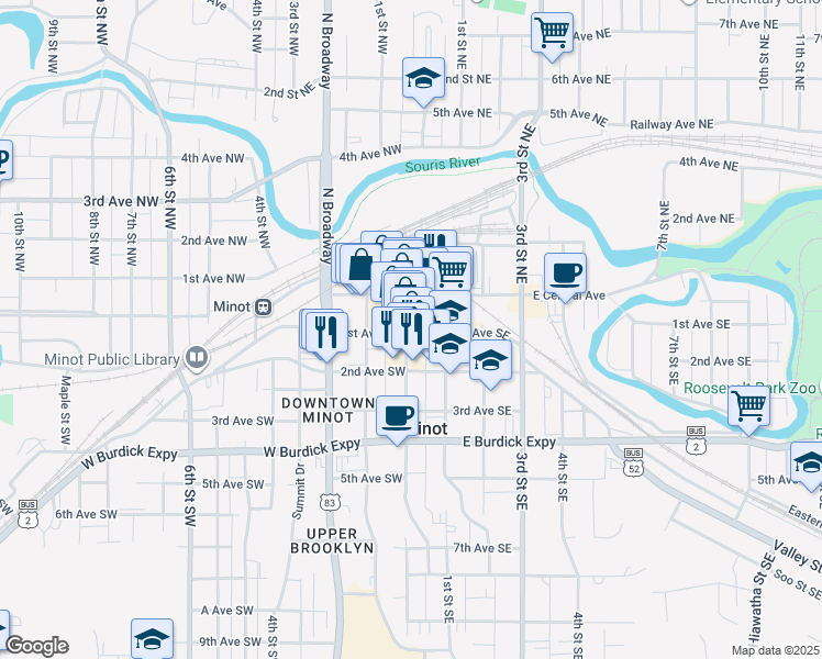 map of restaurants, bars, coffee shops, grocery stores, and more near 10 1st Avenue Southwest in Minot