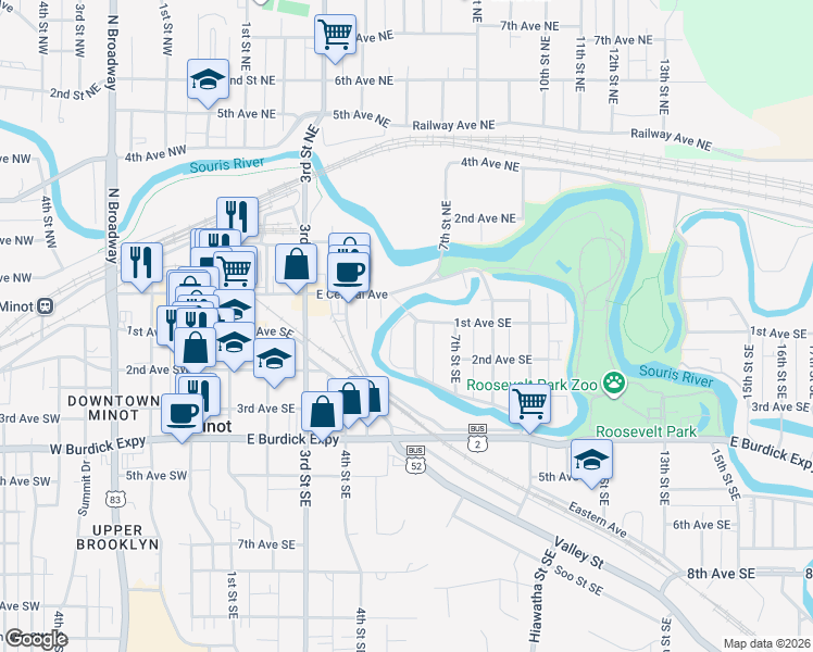 map of restaurants, bars, coffee shops, grocery stores, and more near 14-132 6th St SE in Minot