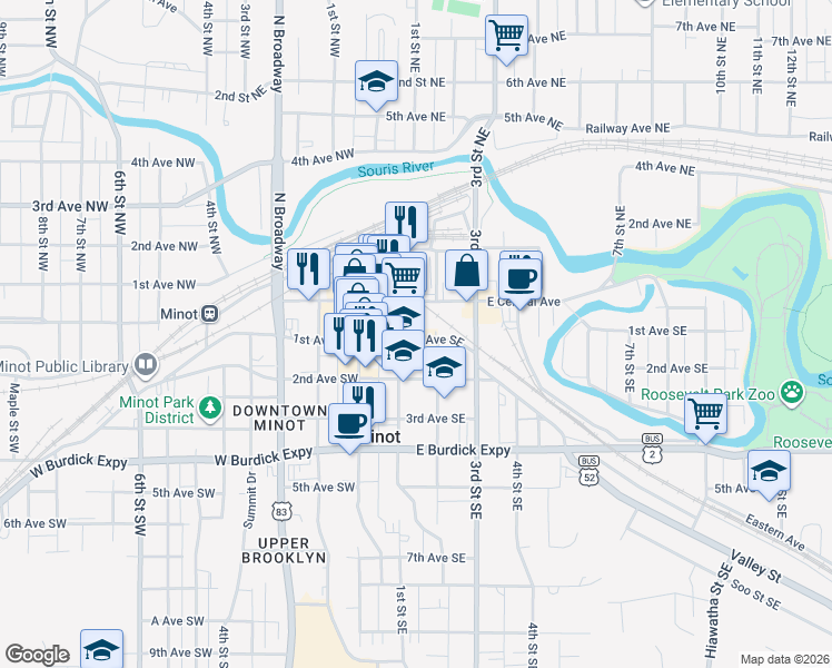 map of restaurants, bars, coffee shops, grocery stores, and more near 109 1st Street Southeast in Minot