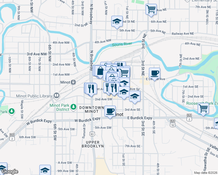map of restaurants, bars, coffee shops, grocery stores, and more near 10 1st Avenue Southwest in Minot