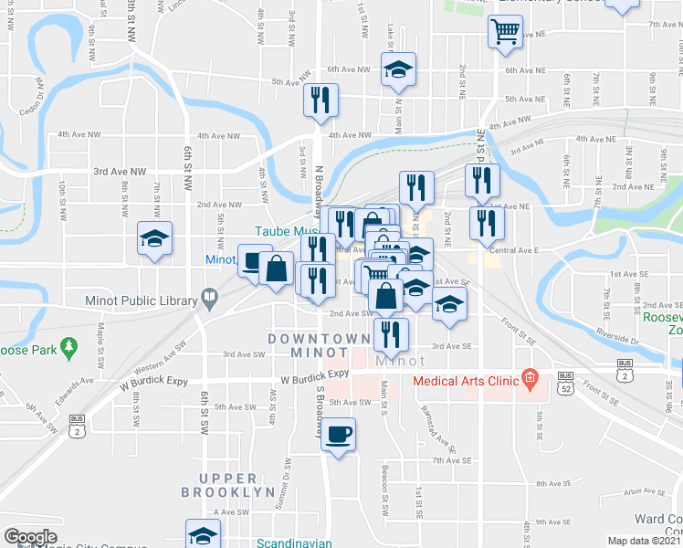 map of restaurants, bars, coffee shops, grocery stores, and more near 20 1st Street Northwest in Minot