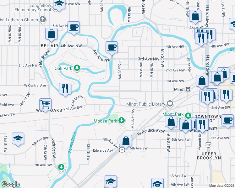 map of restaurants, bars, coffee shops, grocery stores, and more near 1001 West Central Avenue in Minot