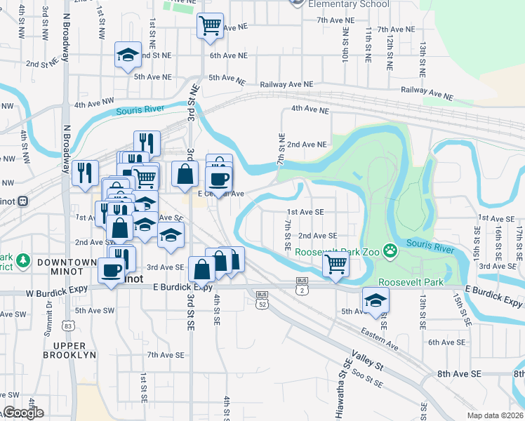 map of restaurants, bars, coffee shops, grocery stores, and more near 132 6th Street Southeast in Minot