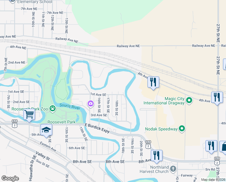 map of restaurants, bars, coffee shops, grocery stores, and more near 1705 1st Avenue Southeast in Minot