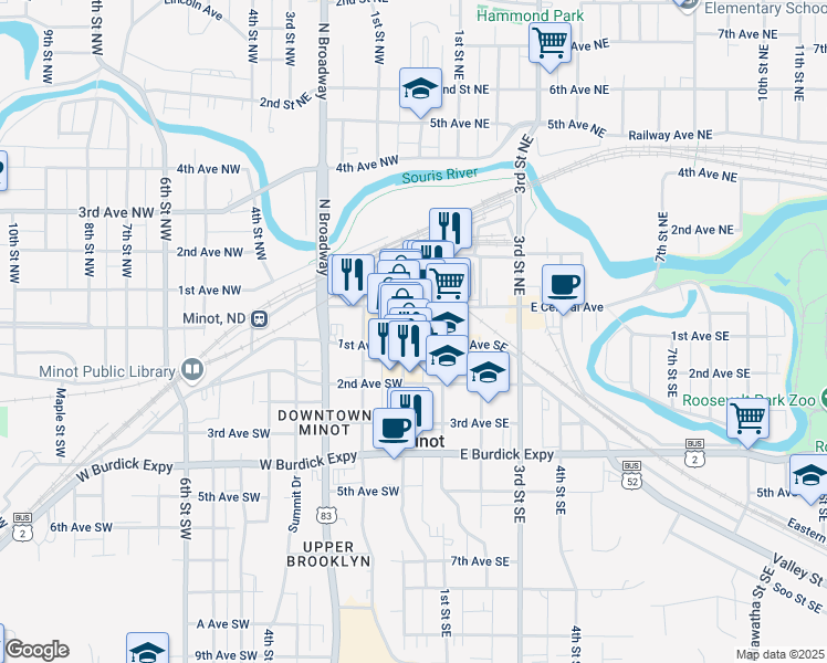 map of restaurants, bars, coffee shops, grocery stores, and more near 17 1st Avenue Southeast in Minot