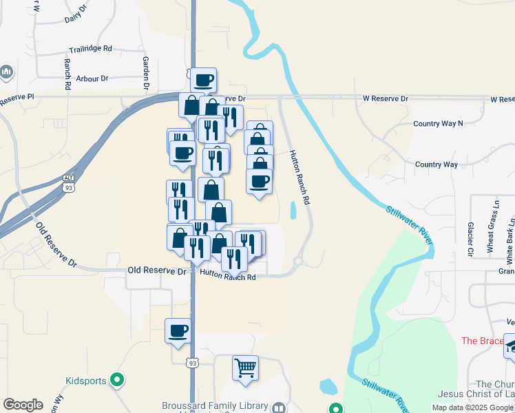 map of restaurants, bars, coffee shops, grocery stores, and more near 2365 U.S. 93 in Kalispell