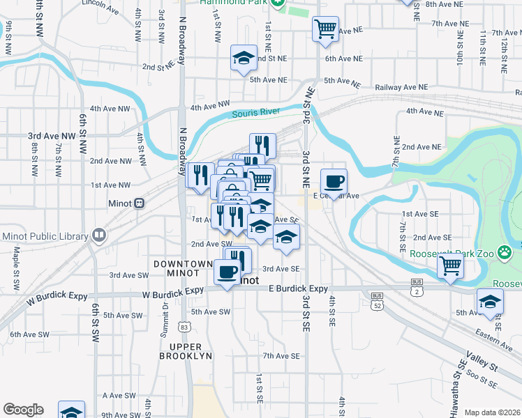 map of restaurants, bars, coffee shops, grocery stores, and more near 13 1st Street Southeast in Minot