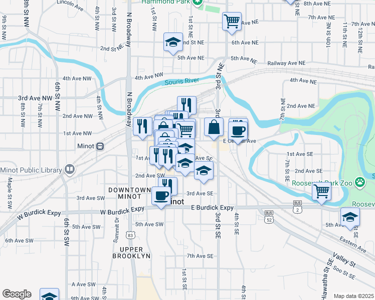 map of restaurants, bars, coffee shops, grocery stores, and more near 109 1st Street Southeast in Minot