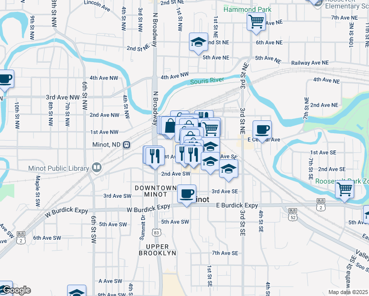 map of restaurants, bars, coffee shops, grocery stores, and more near 10 1st Avenue Southwest in Minot