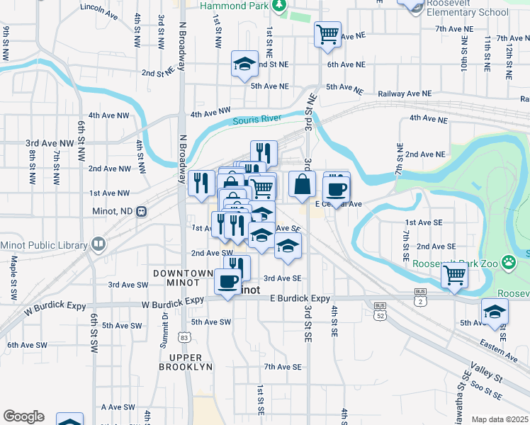 map of restaurants, bars, coffee shops, grocery stores, and more near 109 1st Street Southeast in Minot
