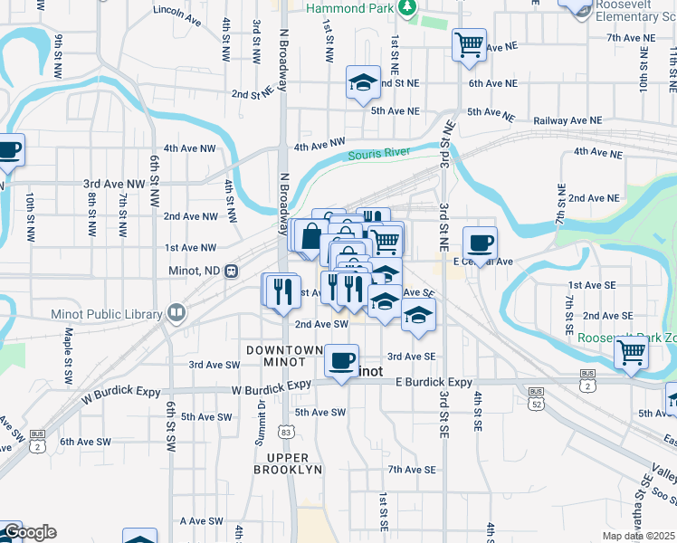 map of restaurants, bars, coffee shops, grocery stores, and more near 10 1st Avenue Southwest in Minot