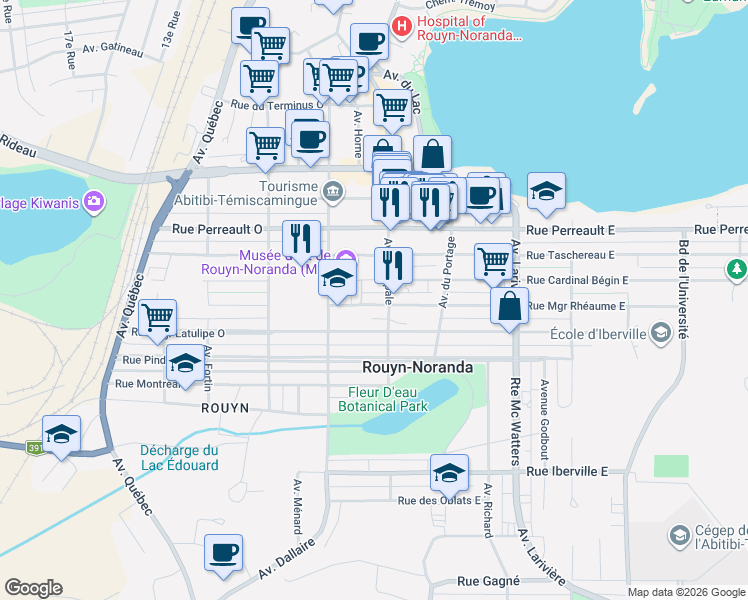 map of restaurants, bars, coffee shops, grocery stores, and more near 18 Rue Monseigneur Rhéaume Ouest in Rouyn-Noranda