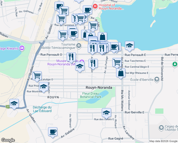 map of restaurants, bars, coffee shops, grocery stores, and more near 18 Rue Monseigneur Rhéaume Ouest in Rouyn-Noranda