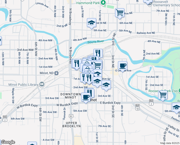 map of restaurants, bars, coffee shops, grocery stores, and more near 17 1st Avenue Southeast in Minot