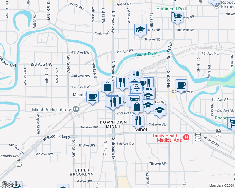 map of restaurants, bars, coffee shops, grocery stores, and more near 20 1st Street Northwest in Minot