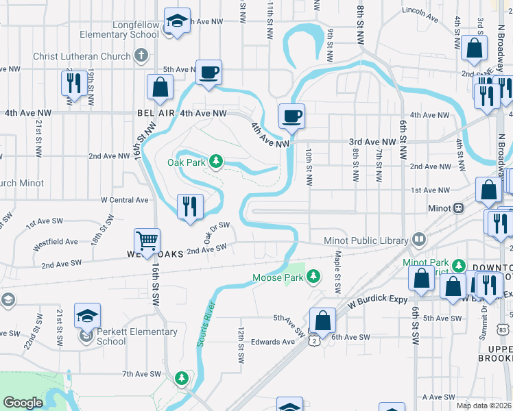 map of restaurants, bars, coffee shops, grocery stores, and more near 1061 Central Avenue West in Minot