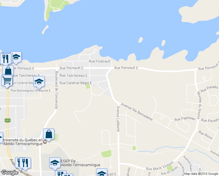 map of restaurants, bars, coffee shops, grocery stores, and more near 292 Avenue Sainte Bernadette in Rouyn-Noranda