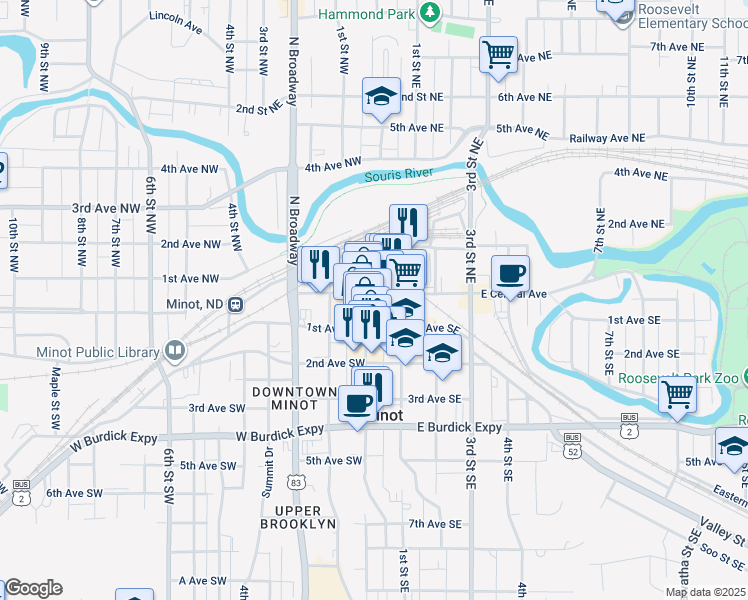 map of restaurants, bars, coffee shops, grocery stores, and more near 3 Main Street South in Minot