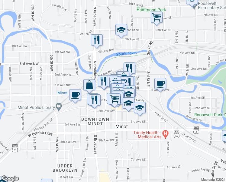 map of restaurants, bars, coffee shops, grocery stores, and more near 1 West Central Avenue in Minot