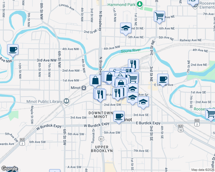 map of restaurants, bars, coffee shops, grocery stores, and more near 10 1st Street Northwest in Minot