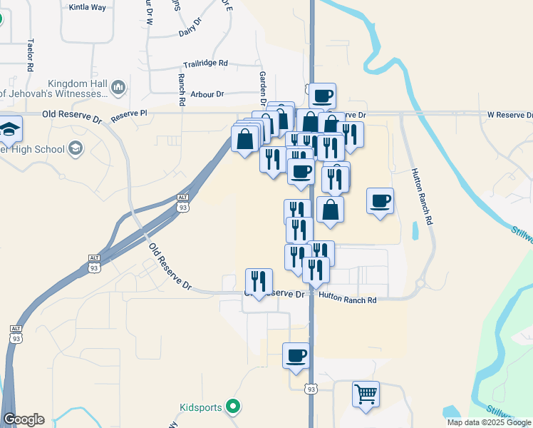 map of restaurants, bars, coffee shops, grocery stores, and more near Treeline Road in Kalispell