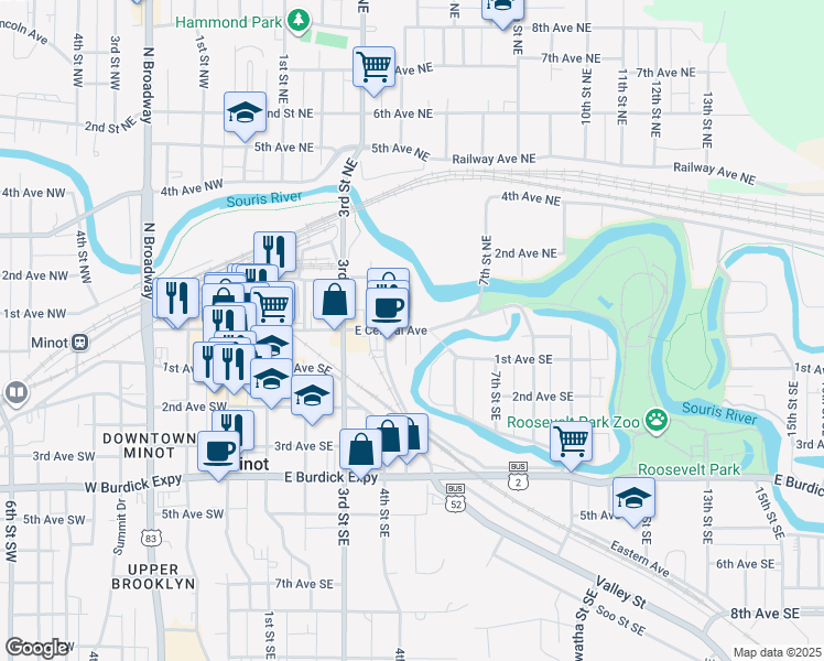 map of restaurants, bars, coffee shops, grocery stores, and more near 510 Central Avenue East in Minot