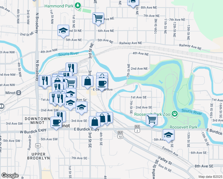 map of restaurants, bars, coffee shops, grocery stores, and more near 510 Central Avenue East in Minot