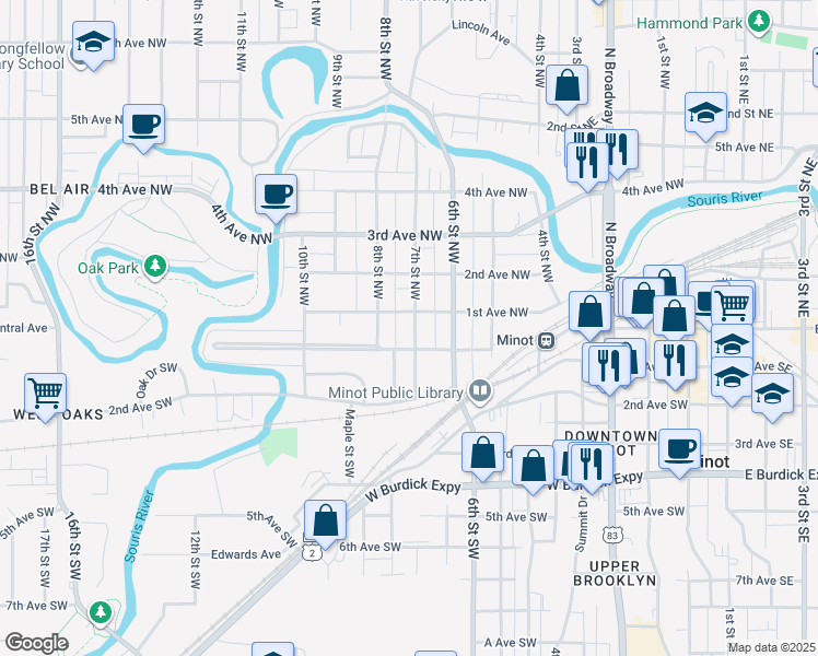 map of restaurants, bars, coffee shops, grocery stores, and more near 15 7th Street Northwest in Minot