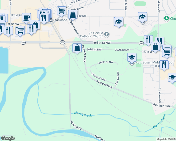 map of restaurants, bars, coffee shops, grocery stores, and more near 8008 262nd Street Northwest in Stanwood
