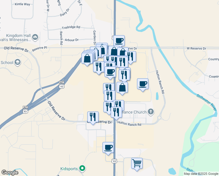 map of restaurants, bars, coffee shops, grocery stores, and more near 2350 U.S. 93 in Kalispell