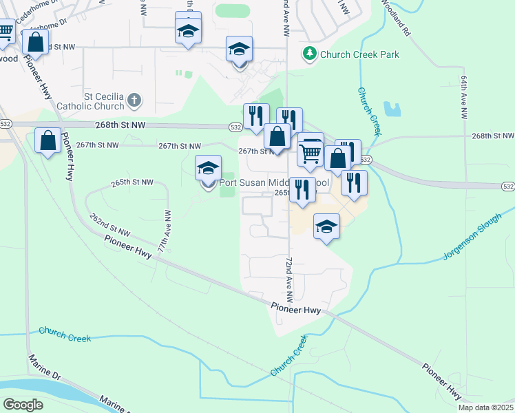 map of restaurants, bars, coffee shops, grocery stores, and more near 7212 265th Street Northwest in Stanwood