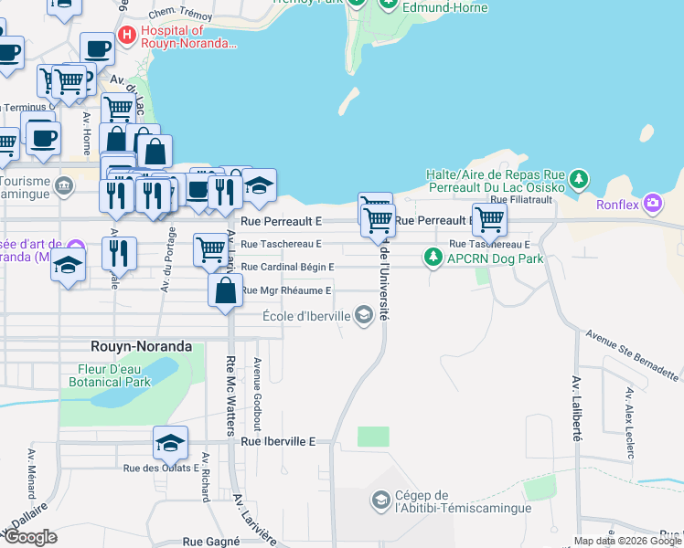map of restaurants, bars, coffee shops, grocery stores, and more near 354 Rue Cardinal Bégin Est in Rouyn-Noranda