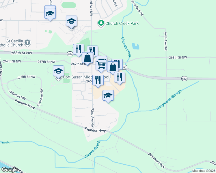 map of restaurants, bars, coffee shops, grocery stores, and more near 7104 265th Street Northwest in Stanwood