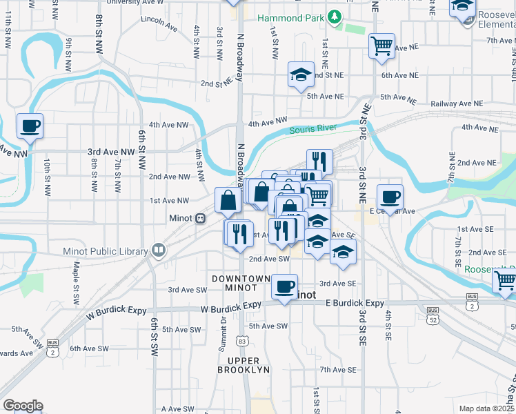 map of restaurants, bars, coffee shops, grocery stores, and more near 10 1st Street Northwest in Minot
