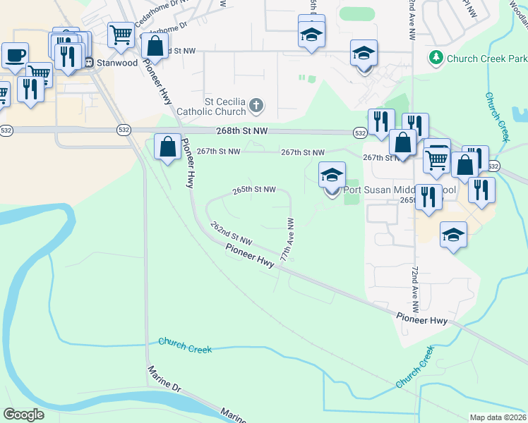 map of restaurants, bars, coffee shops, grocery stores, and more near 26446 Fox Hill Drive South in Stanwood