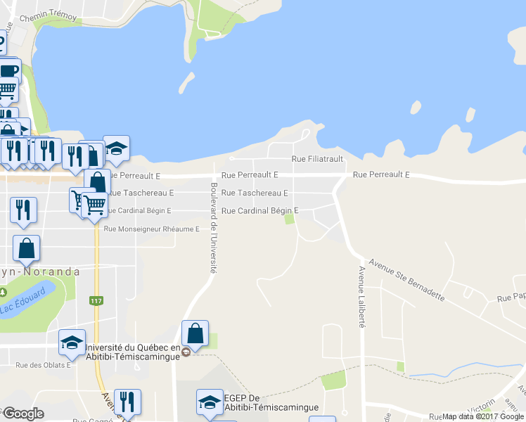 map of restaurants, bars, coffee shops, grocery stores, and more near 509 Cardinal Bégin Street East in Rouyn-Noranda