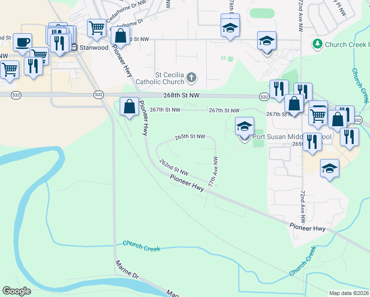 map of restaurants, bars, coffee shops, grocery stores, and more near 26446 Fox Hill Drive South in Stanwood