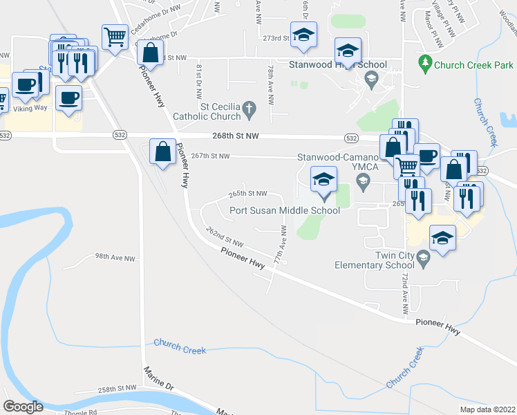 map of restaurants, bars, coffee shops, grocery stores, and more near 7857 264th Place Northwest in Stanwood