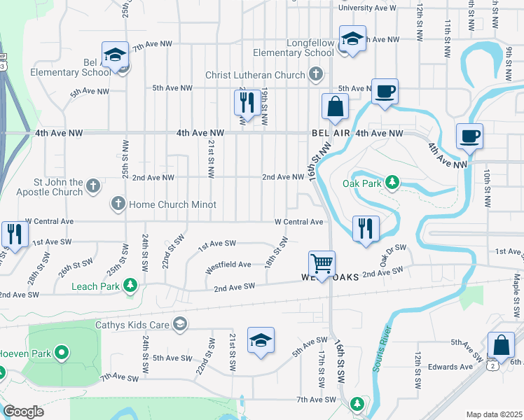 map of restaurants, bars, coffee shops, grocery stores, and more near 14 19th Street Northwest in Minot