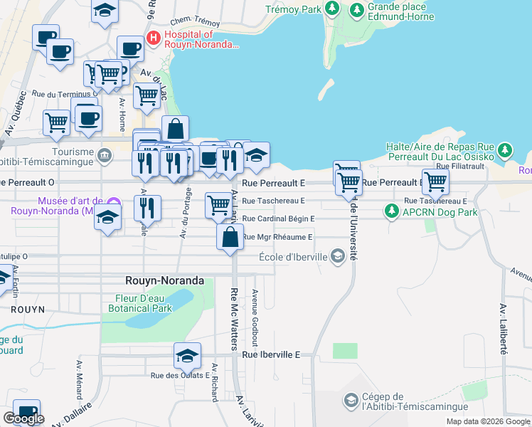 map of restaurants, bars, coffee shops, grocery stores, and more near 243 Rue Cardinal Bégin Est in Rouyn-Noranda