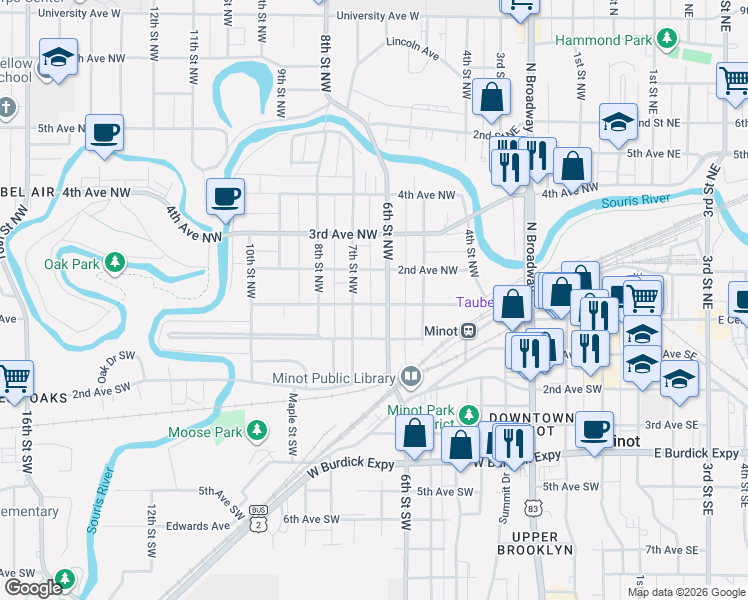 map of restaurants, bars, coffee shops, grocery stores, and more near 101 6th Street Southwest in Minot