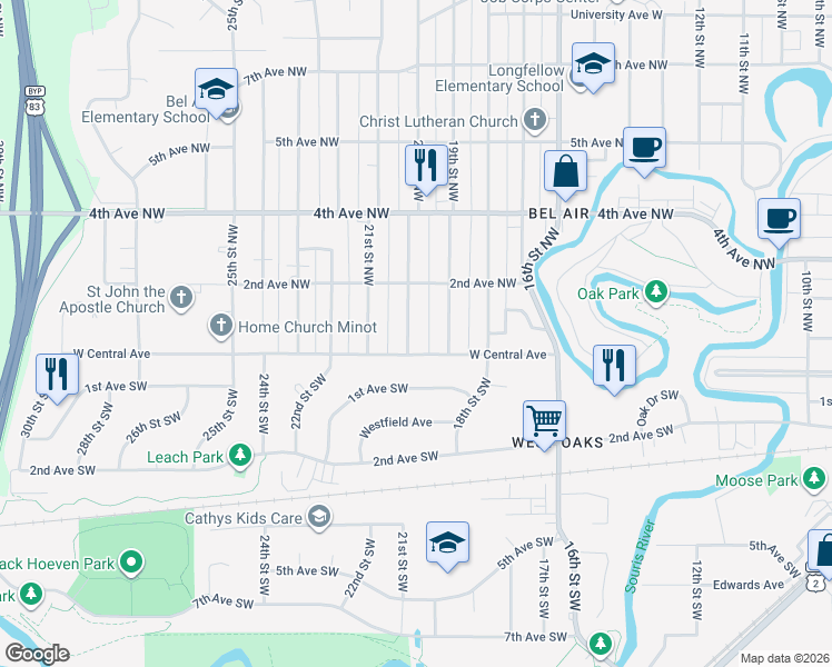 map of restaurants, bars, coffee shops, grocery stores, and more near 16 20th Street Northwest in Minot